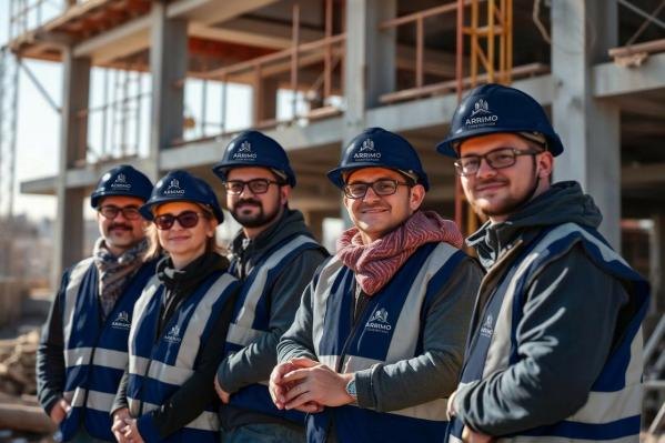 Equipe da Arrimo Construtora uniformizada em canteiro de obras